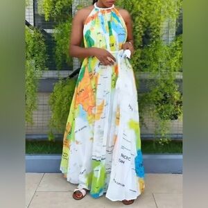 Colorful Map Print Maxi Dress